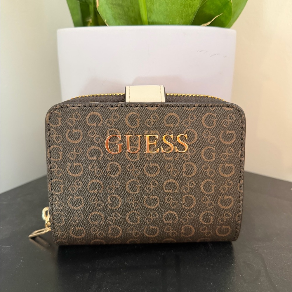 GUESS Brown Logo Print Small Zip Wallet with Gold Hardware